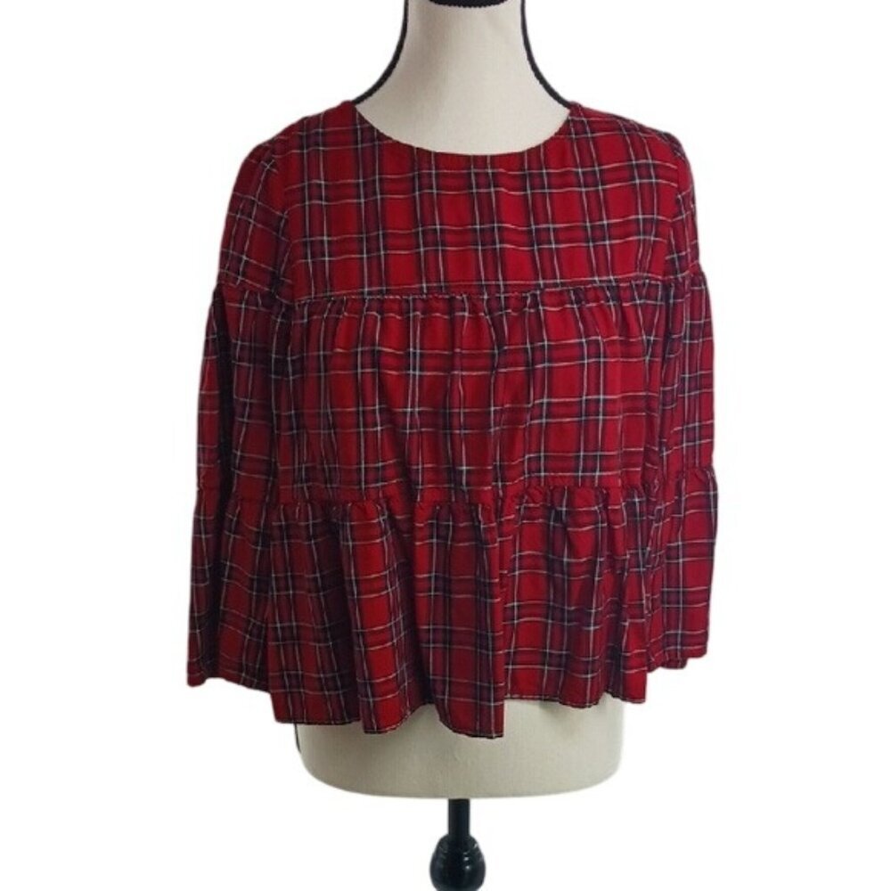 Madewell Blouse Red Plaid Tiered 3/4 Sleeve Boho Womens Size XS